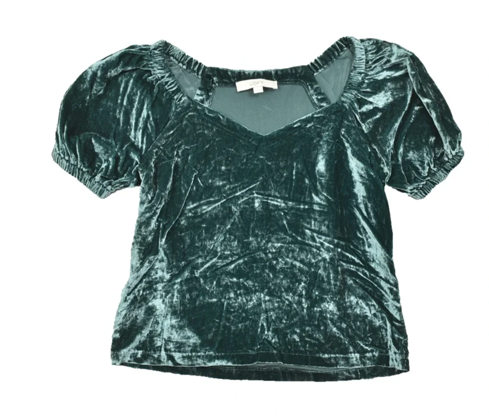 LOFT Women's XS Green Crushed Velvet Puff Sleeve Square Neck Blouse Top